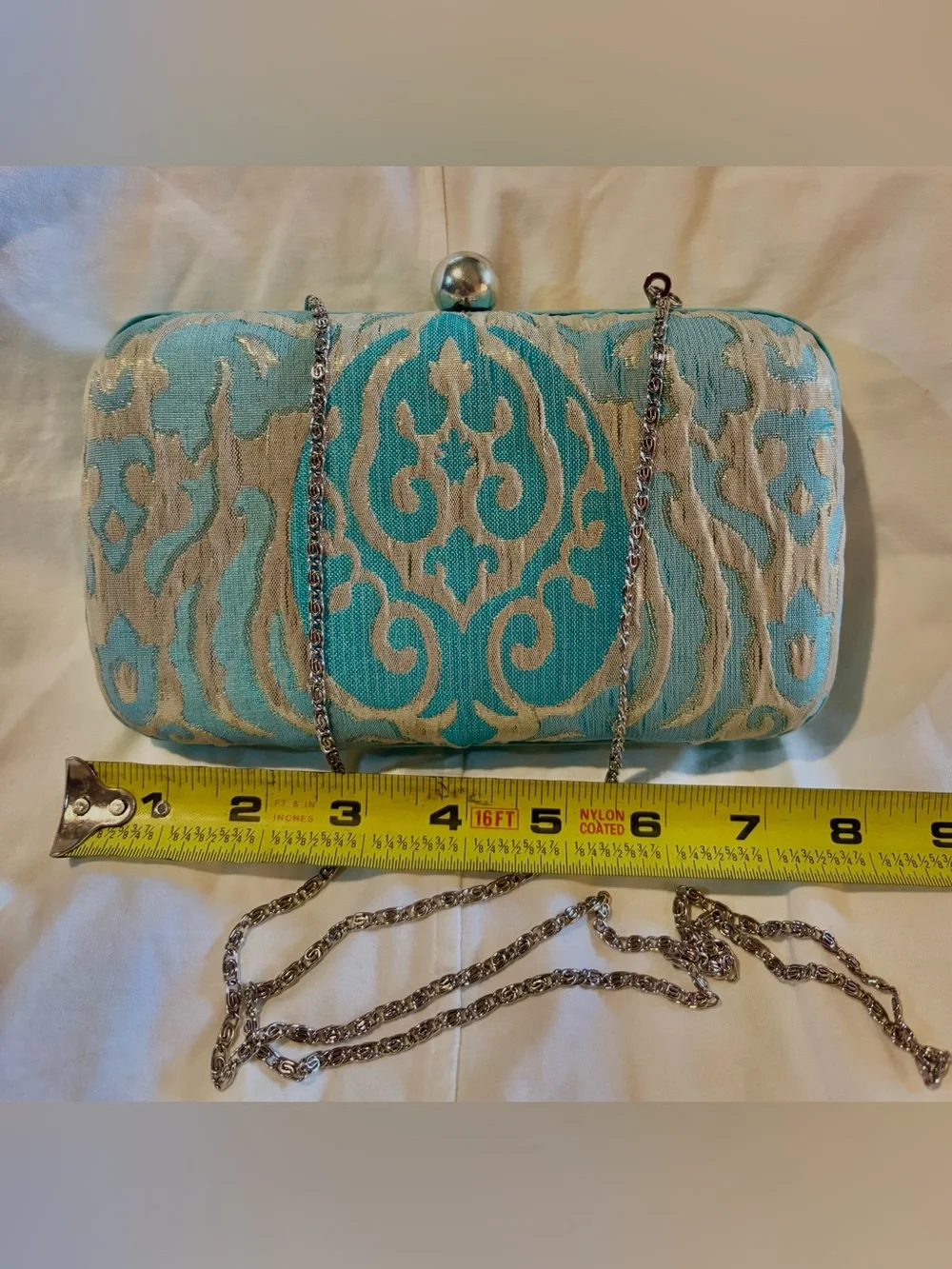 Roberta Freymann Turquoise and Gold Embossed Clutch/Chain Crossbody- Kiss lock